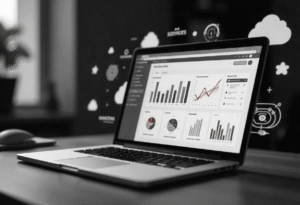 Digital marketing dashboard with cloud computing icons, data analytics charts, and communication tools.