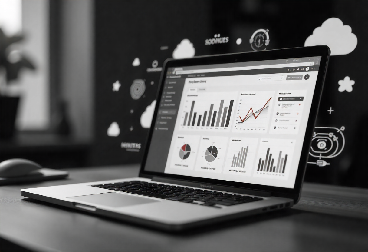 Digital marketing dashboard with cloud computing icons, data analytics charts, and communication tools.